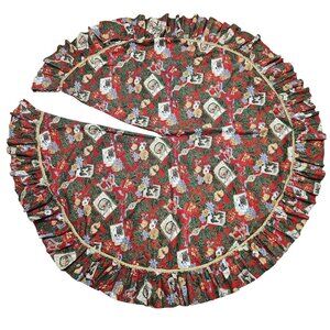 Christmas Tree Skirt Ruffle Hem Holiday Flloral Print Design Vintage Gold Trim